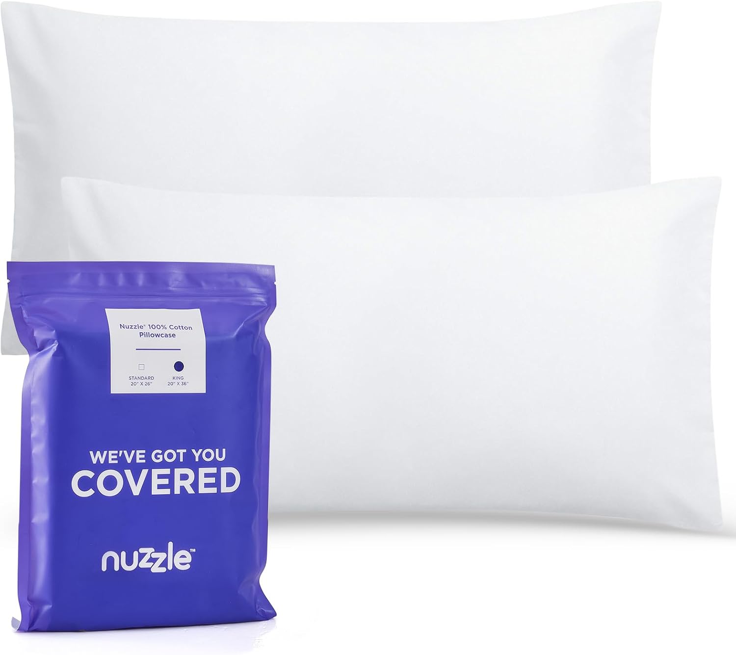 Nuzzle Pillow Cases - King Size 100% Cotton Pillow Covers | Soft 300 Thread Count, White 20 x 36 Inches