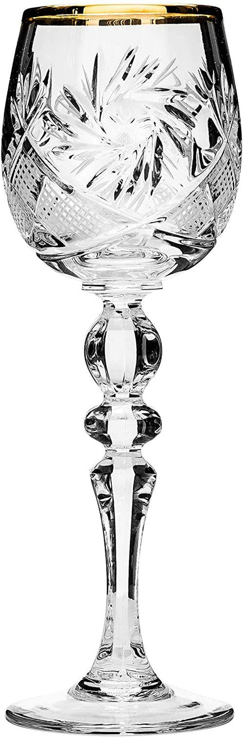 World Gifts Set of 6 Russian Cut Crystal Stemmed Shot Glasses 2 oz - USSR Soviet 24K Gold Rimmed Sherry Cordial Glassware