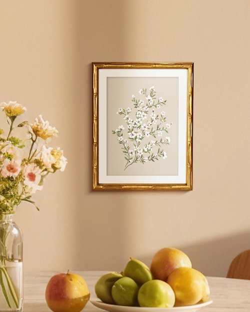 Framed White Flower Canvas Print - Minimalist Botanical Art with Gold Bamboo Frame | 11x14 Size