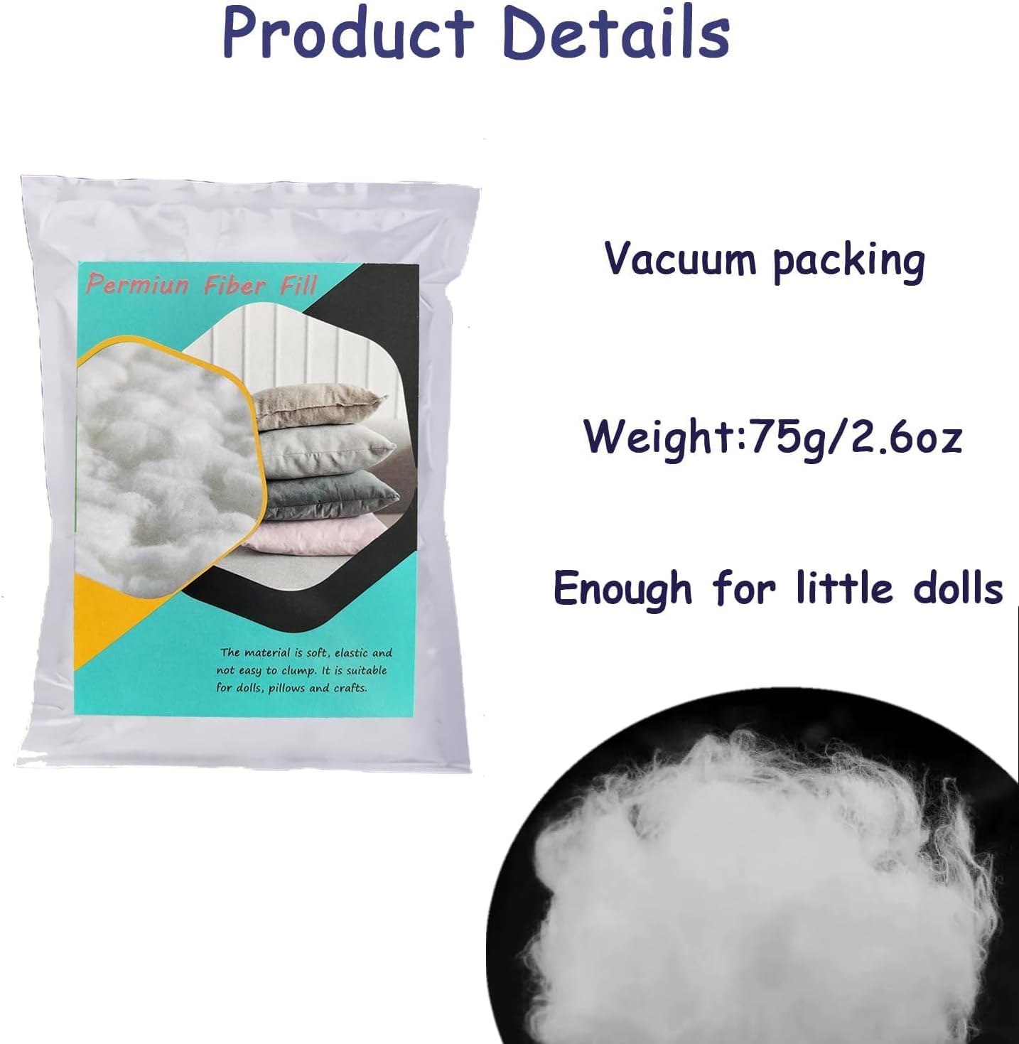 Vseegrs Premium Polyester Stuffing - Soft, Warm Fiber Filling for Stuffed Animals & Dolls | 75g/2.6oz