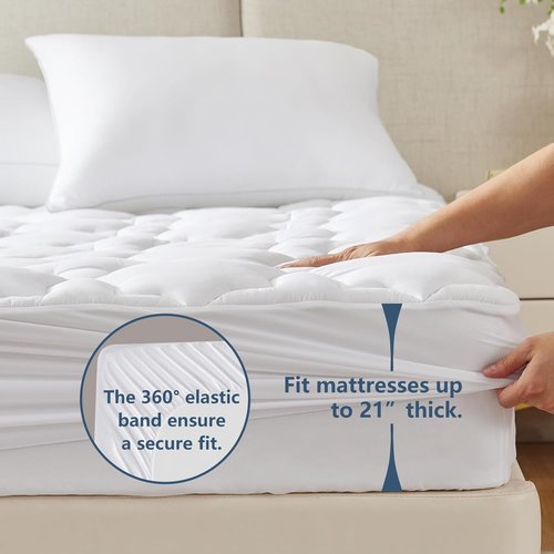 CozyLux Queen Mattress Pad - Breathable Cotton Cooling Topper for 8-21" Deep Pocket | Soft Quilted Protector (60"x80", White)