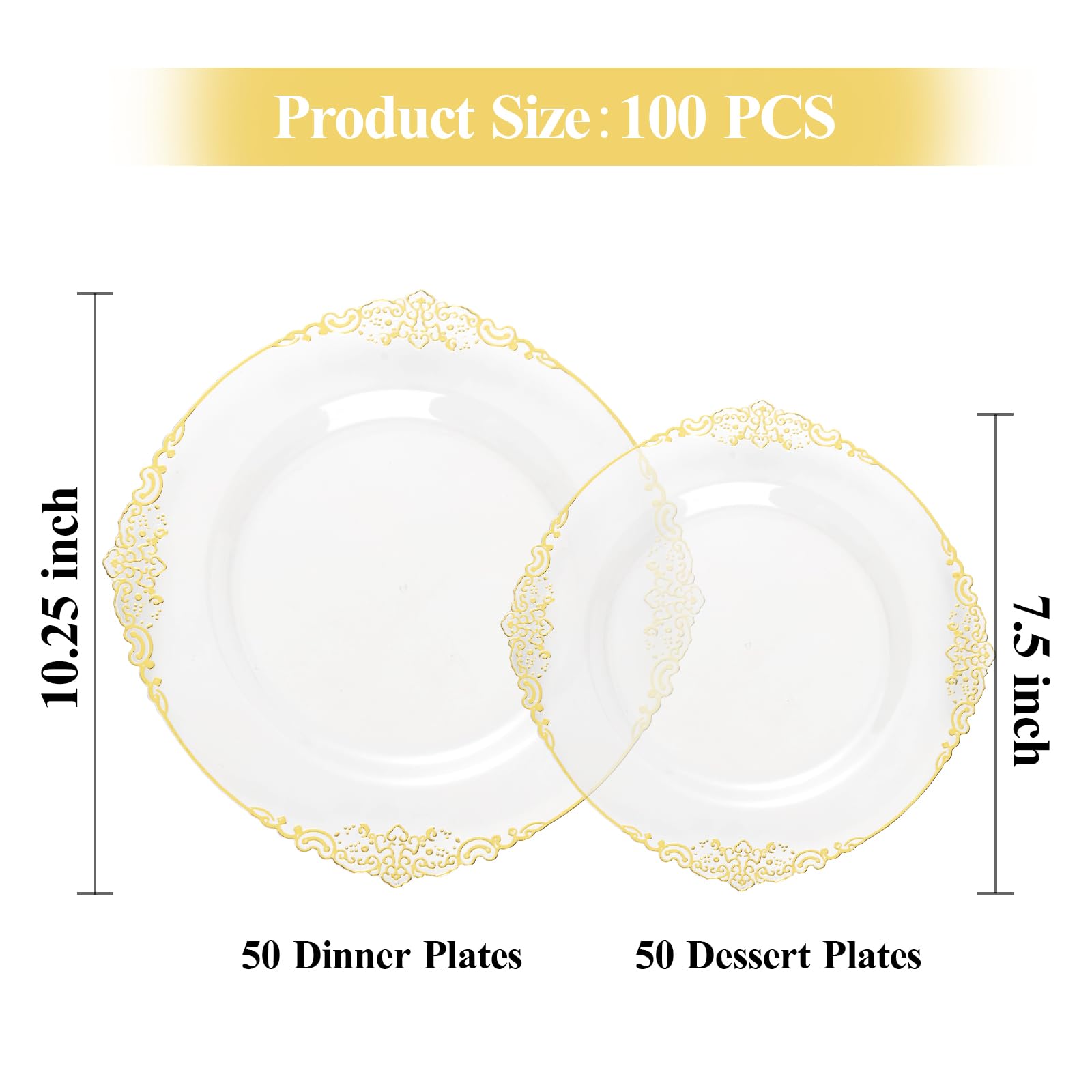 Bestluck 100 PCS Clear and Gold Plastic Plates for 50 Guests, Clear Disposable Plates Include 50 PCS Dinner Plates, 50 PCS Dessert Plates for Party, Wedding