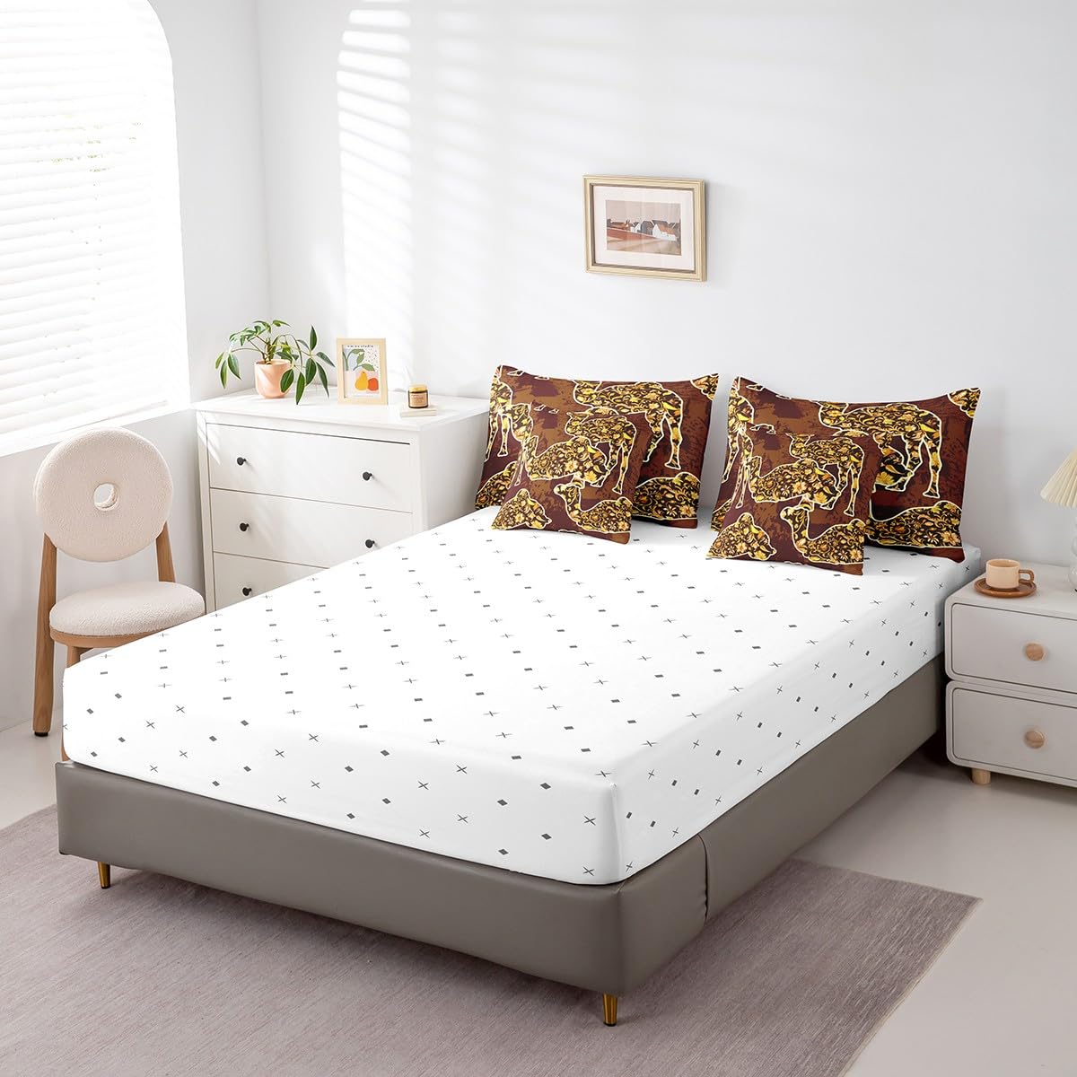 Feelyou Camel Bedding Set Boho Exotic Bed in a Bag Bohemian Damask Comforter Set Queen Size 7 Pieces for Kids Girls Brown European Floral Bed Set with Comforter, Sheet Set, Pillowcases, Pillow Covers