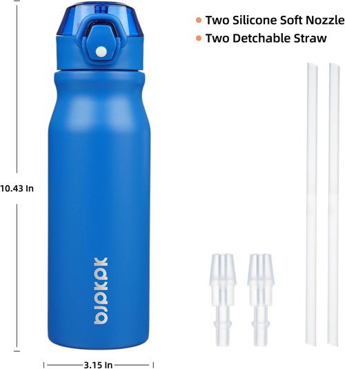 BJPKPK 25oz Insulated Water Bottle - Stainless Steel, BPA-Free, Leak-Proof | Blue with Straw & Lockable Lid