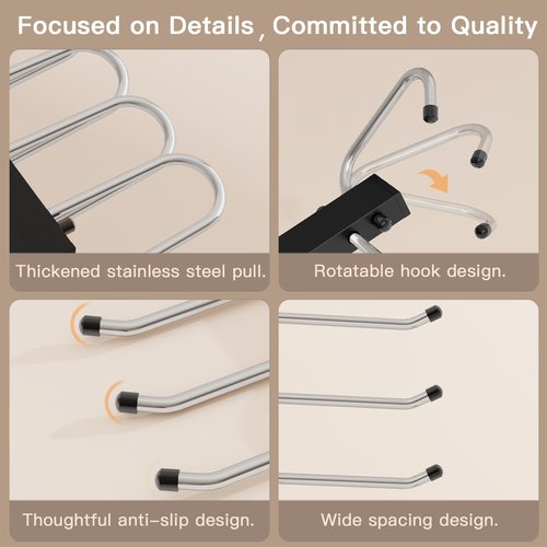 4 Pack Pants Hangers Space Saving - Closet Organizer and Storage Jean Hangers, Stainless Steel Clothes Hanger Scarf Holder for Pants Jeans Leggings Trousers Pant Rack, Black