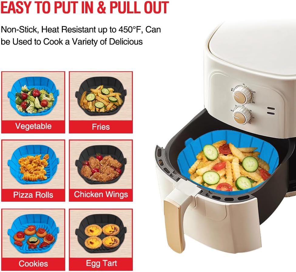 Skiennix Air Fryer Silicone Liners - Non-Stick Reusable Pot Basket for 2-3 QT Air Fryers | 2 Pack Square Inserts