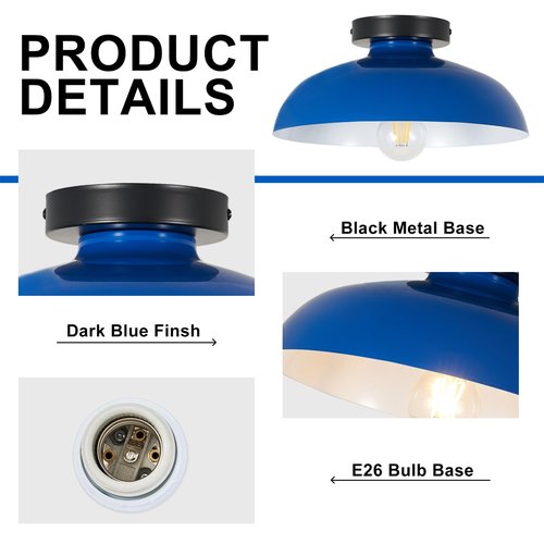 KOPCTOBL 2 Pack Farmhouse Semi Flush Ceiling Light, 11.8 Inch Metal Semi Flush Mount Ceiling Light, E26 Base, Vintage Ceiling Light Fixture for Hallway Entryway Bedroom, Dark Blue