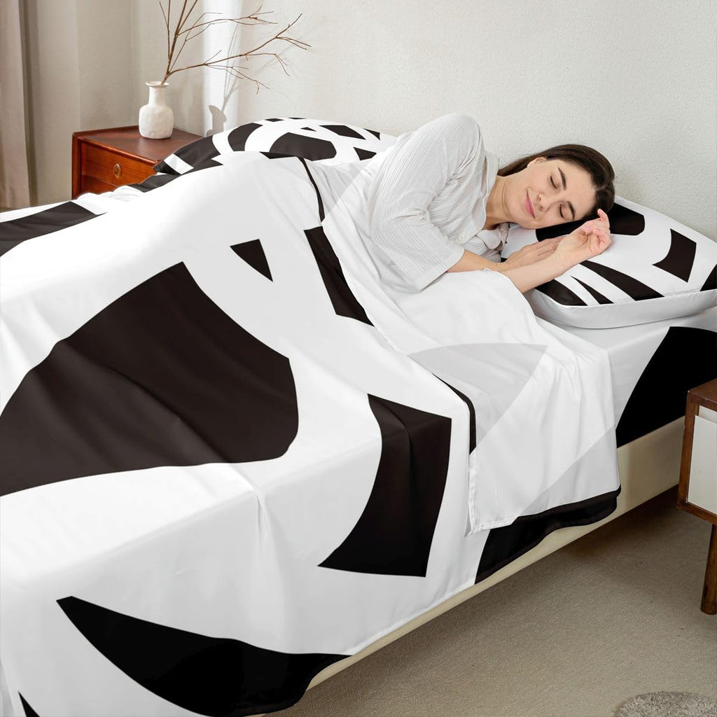 jejeloiu White and Black Bed Sheets Set Queen Size Geometric Sheet Set for Kids Stripe Line Sheets with Deep Pocket Fitted Sheet Women Men Teens Ultra Soft Abstract Modern ArtBedding