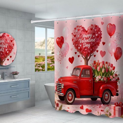 DDS-DUDES Lover Shower Curtain Set for Bathroom, Wedding,Happy Valentine's Day Red Car Heart Bath Curtain, Waterproof Fabric Shower Curtains with Hooks 71x71 inches
