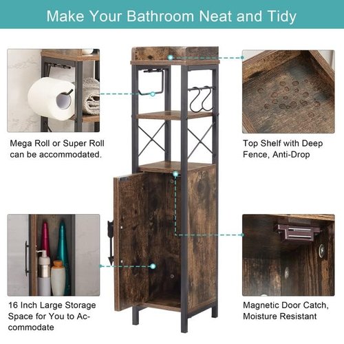 VECELO Small Bathroom Cabinet,Slim Toilet Paper Holder with Door&2 Shelves, Upgraded Narrow Storage Organizer for Restroom Bathroom Tiny Space,Metal Scroll Fenced Top Waterproof Coating,Brown