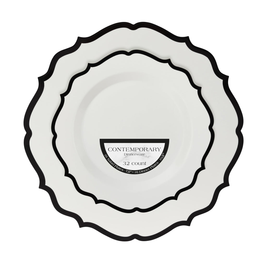 PLASTICPRO 32 Pack Elegant Disposable Plastic Plates Combo Set Includes 16 Dinner Plates and 16 Salad Plate Heavy Duty Fancy Party Plates White & Black Contemporary Design