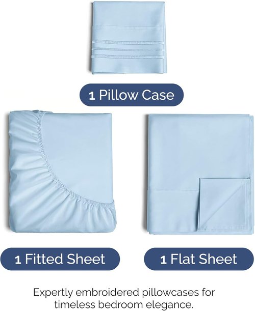Luxury Twin Size 3-Piece Sheet Set by [Brand Name] - Breathable, Cooling Bed Sheets - Soft, Wrinkle-Free, Deep Pockets - Light Blue