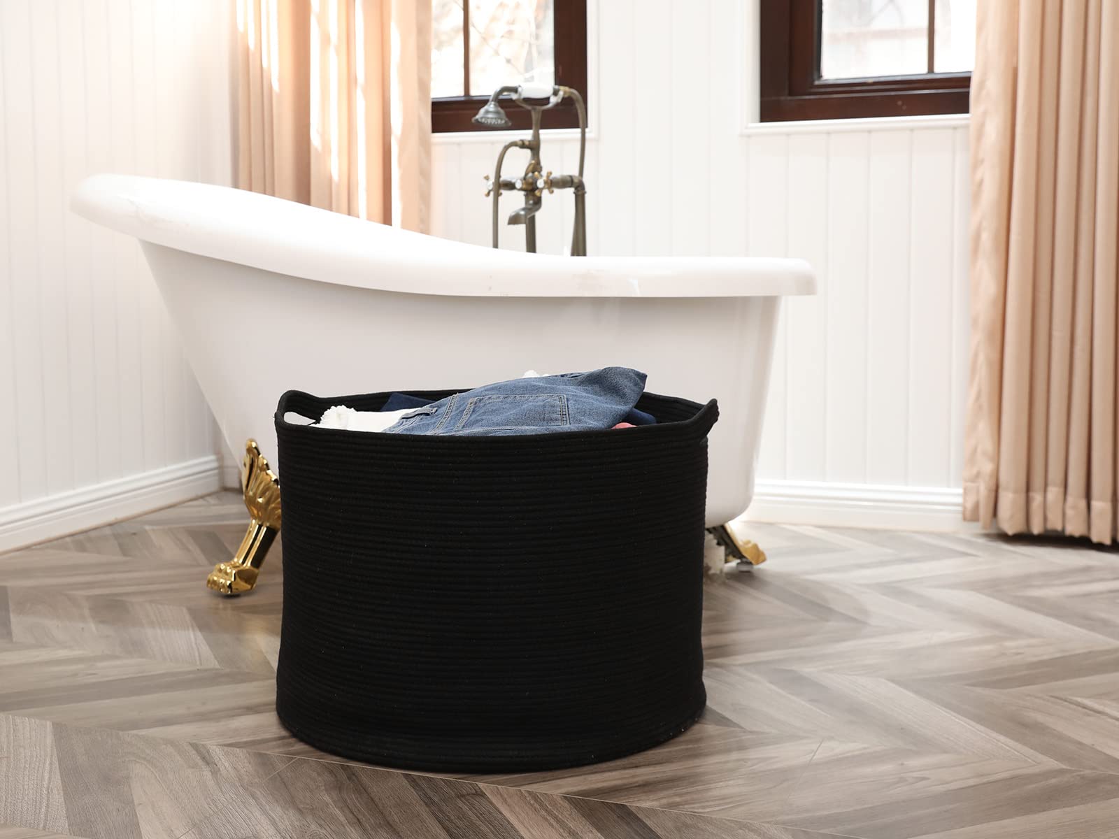 24" x 24" x 17" Max Size Large Cotton Rope Basket, Extra Large Storage Basket, Woven Laundry Hamper, Cloth Storage Bin, for Blankets Clothes Towels Pillows in Living Room, All Black