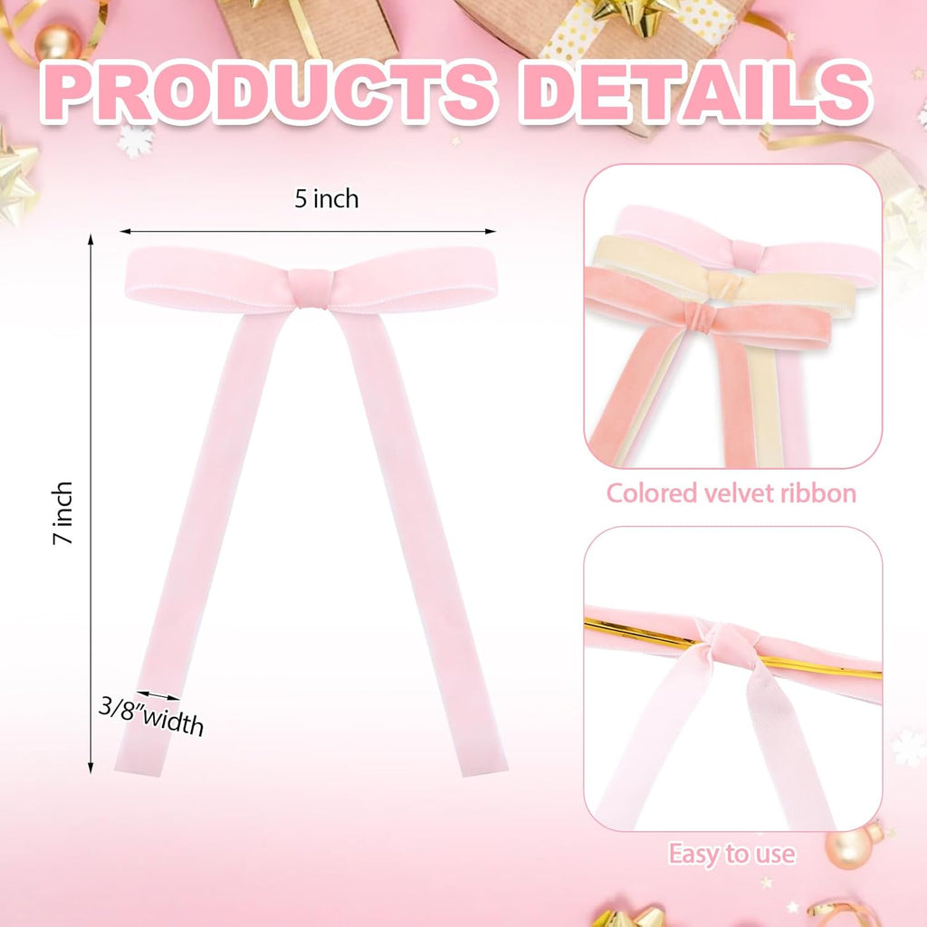 Skiennix 24 Pcs Velvet Bows - Vintage Ribbon Bows for Christmas Tree & Crafts | 5x7 Inch, Beige & Pink