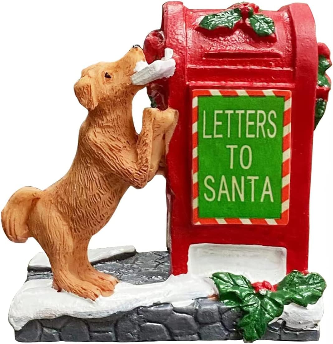Skiennix Christmas Village Accessories - Letter to Santa Mailbox Set with Cute Puppy Resin Statues