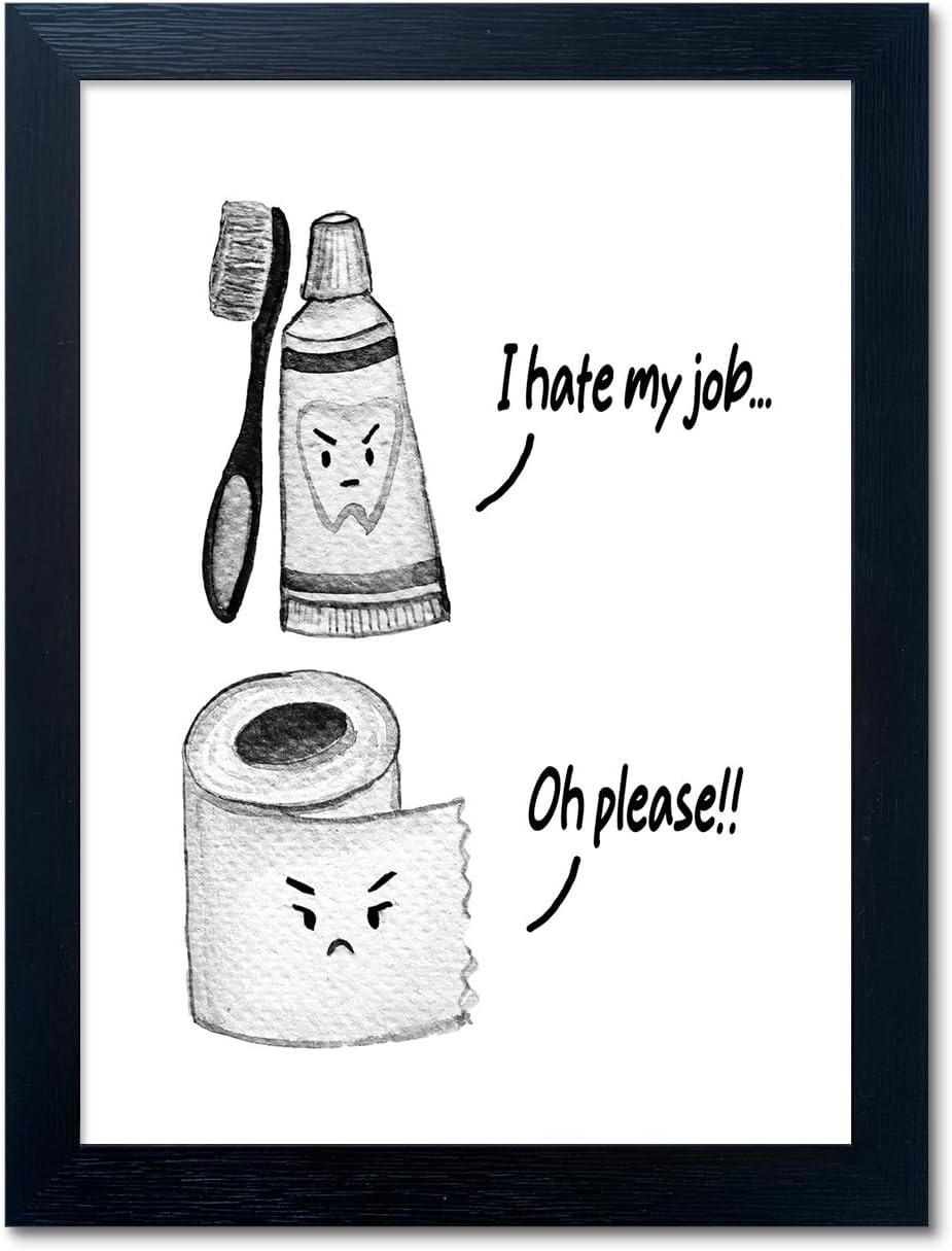 Regine Switzerland Kids Bathroom Wall Decor - Framed Black and White Print with Funny Toilet Paper & Toothbrush Artwork