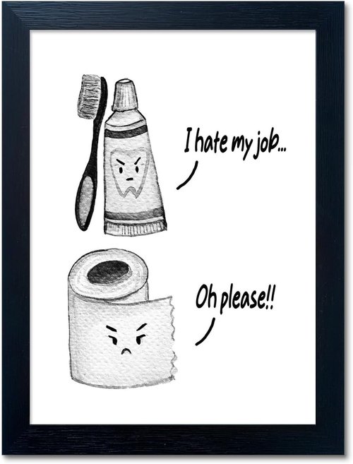 Boswaydeco Kids Bathroom Decor - Cute Black and White Wall Art Print | Funny Toilet Paper & Toothbrush Design