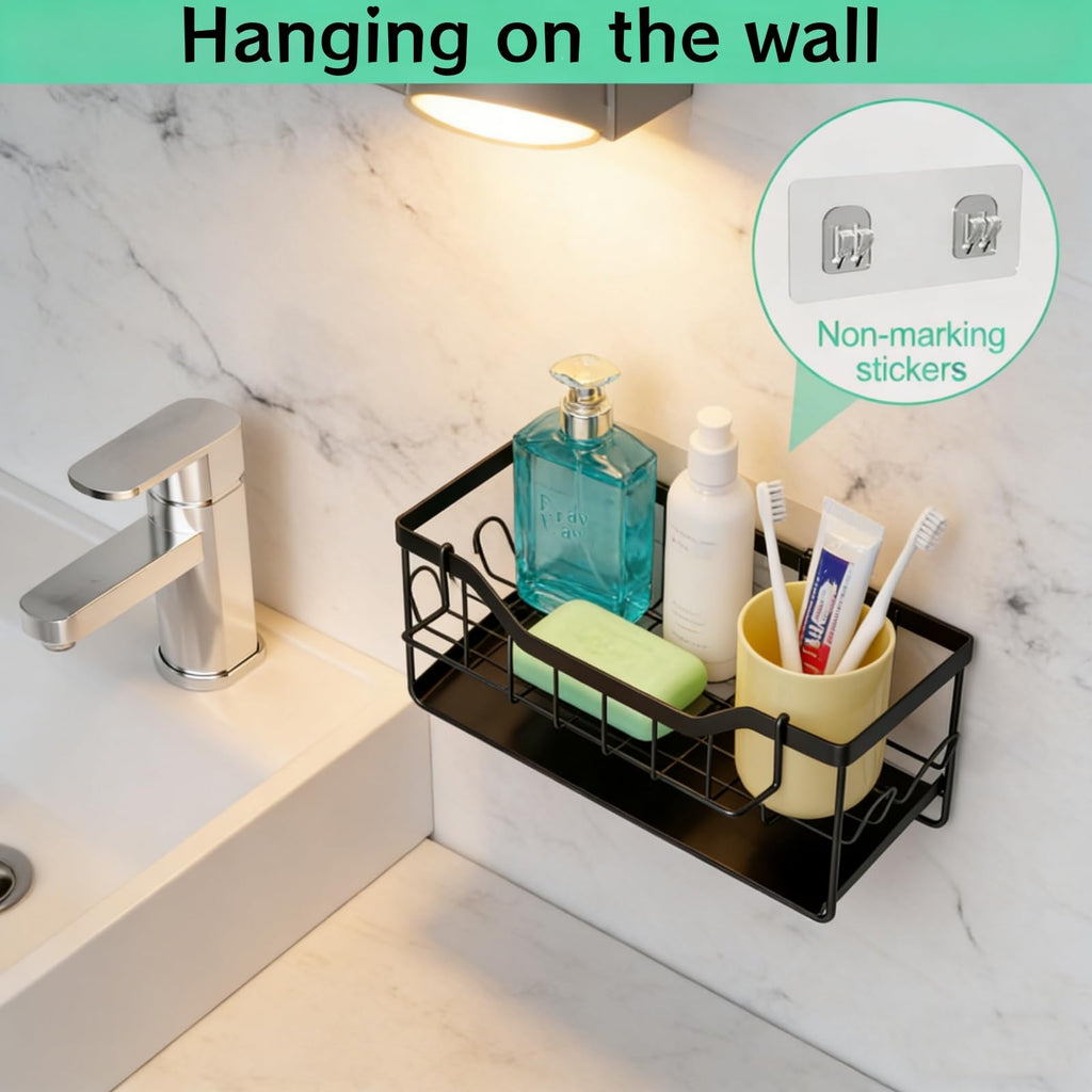 SWILLE Sponge Holder for Kitchen Sink - Sink Caddy Organizer with Auto Drain Tray, Detachable Towel Rack, Stainless Steel Kitchen Counter Organizer Rack, Black