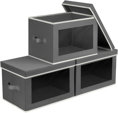 Homsorout Stackable Storage Bins - Large Foldable Closet Organizers with Lids | 3-Pack Dark Grey