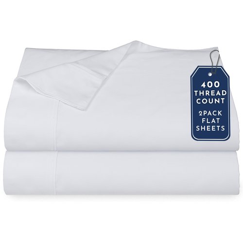 California Design Den Twin Flat Sheets Only 2 Pack - 400 Thread Count, 100% Cotton Sateen, Soft and Breathable Top Sheet Only Pack, Elegant 4" Hem Style - White