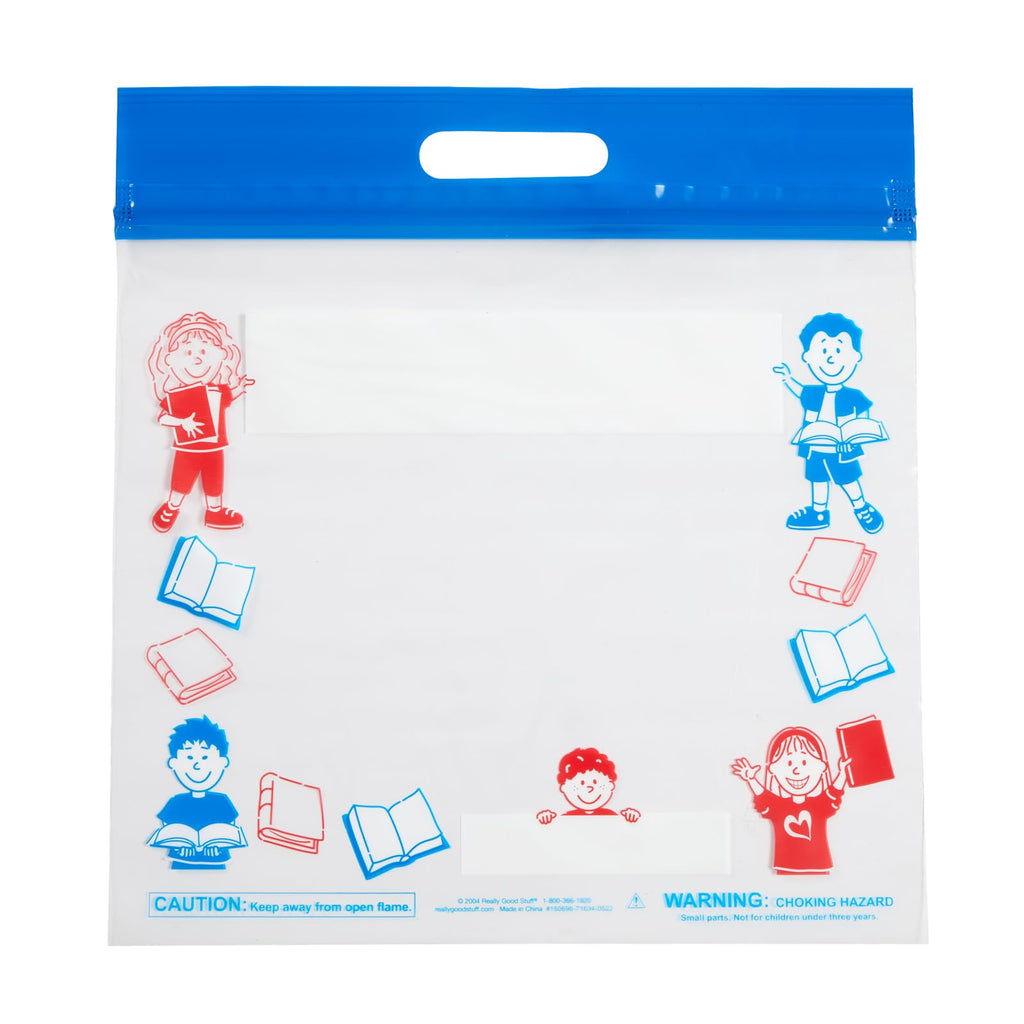 Really Good Stuff Press and Seal Storage Bags, Set of 12, 15" L x 14.5" W | Extra Large Thick Plastic, Classroom Book Bags For Kids, Reading Pouch, Toy Buddy