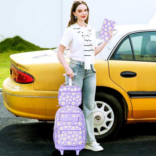 Girls Rolling Backpack, Women Roller Bookbag with Lunch Box for Adults, Water Resistant Wheeled School Bag for College Teens Kids Travel - Purple Flower