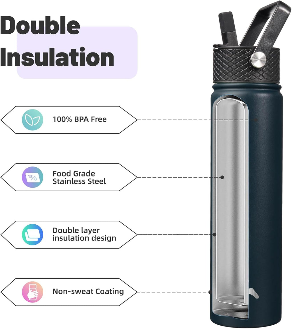 Skiennix Insulated Water Bottle - 24oz Stainless Steel Sport Bottle with 3 Lids | Navy Blue