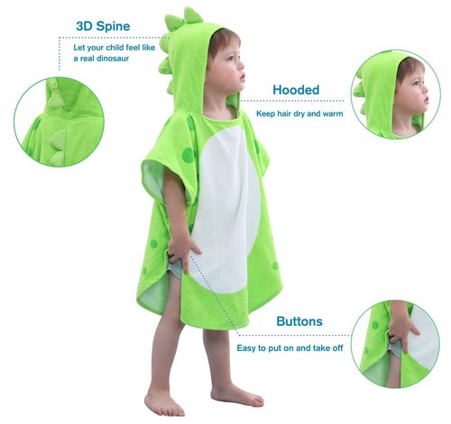 LOLANTA Baby Boys Dinosaur Hooded Bath Towels, Toddlers Kid's Beach Towel Pool Poncho Swim Terry Cloth Cover-Ups 100% Cotton (Green#B, 1-3T)