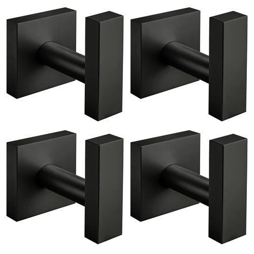 Matte Black Towel Hooks for Bathrooms, SUS304 Stainless Steel Shower Towel Hooks, Heavy Duty Robe Hook for Bathroom Kitchen, Square Coat Hooks for Hanging Towels,Coat,Robe&Sponge, Wall Mounted, 4Pack