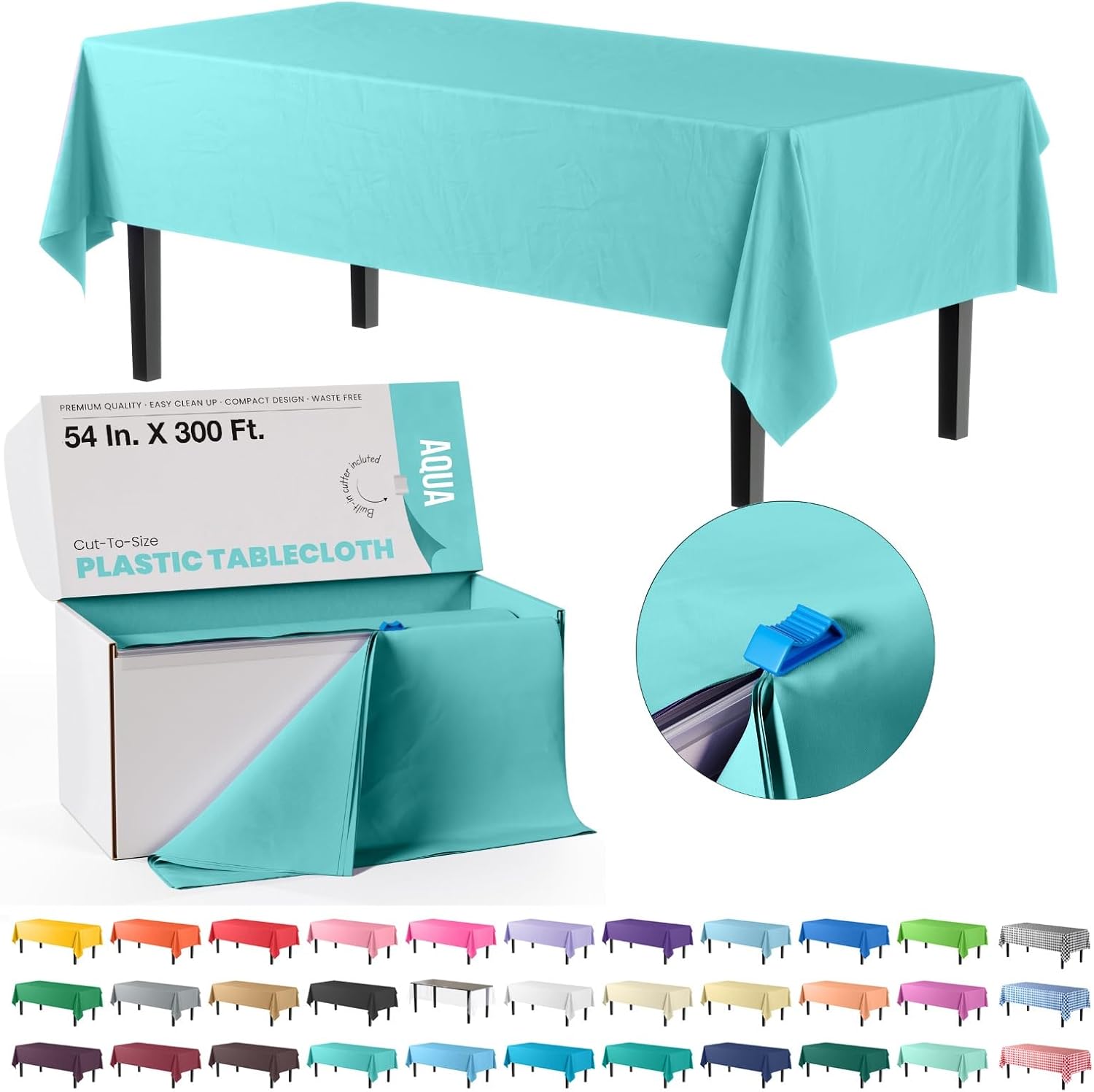 Party Solids Aqua Plastic Table Cover Roll - 54 Inch x 300 Feet with Slide Cutter for Easy Cutting