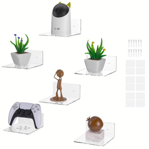 LUOBAO Acrylic Wall Shelves,Clear 6 inch Floating Shelves for Display,Echo,Cameras,Speaker,Router Wall Mounted Transparent Small Invisible Shelves with Adhesive Bedroom Bathroom Living Room