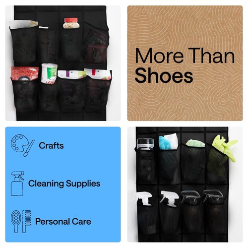GORILLA GRIP Over the Door Shoe Organizer, 24 Large Breathable Mesh Pockets, Space Saving Hanging Storage Holder, Closet Rack Hanger Holds Up to 40 lbs, Hangs on Closets for Shoes, Accessories, Black