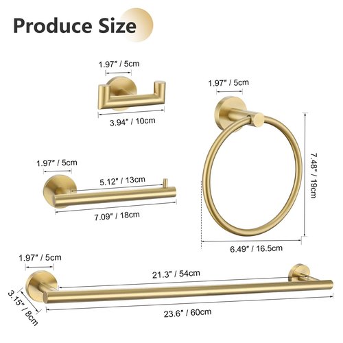 10-Piece Brushed Gold Towel Bar Set Bathroom Hardware Set Include 23.6in Towel Bar Toilet Paper Holder Towel Ring Upgraded Towel Hooks Towel Holder Set for Bathroom Stainless Steel Wall-Mounted