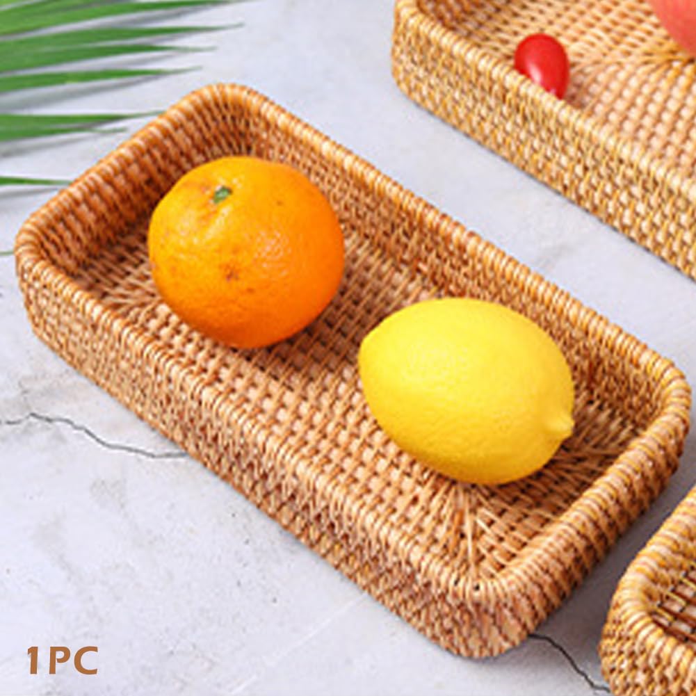 ‌Rattan Serving Tray & Vanity Storage Basket, Natural Wicker Display Tray for Keys, Jewelry, Cosmetics, Bathroom Countertop, Living Room, Entryway, Office