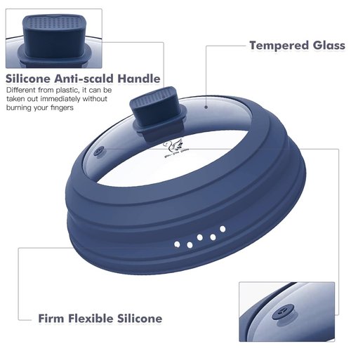 Microwave Splatter Cover Glass Guard Lid with Collapsible Silicone for Food Pot Plate Cover 9.8 inch Dark Blue