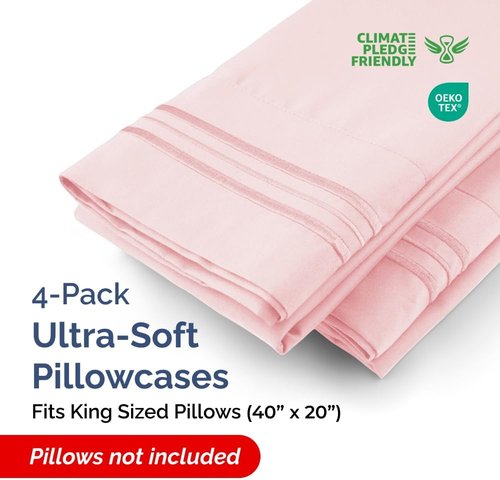 King Pillow Cases by Luxurious Home | Ultra Soft Hotel Quality - Wrinkle Free & Stain Resistant - 4 Piece Set in Baby Pink