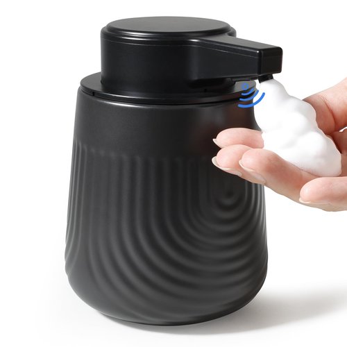 BosilunLife Ceramic Automatic Soap Dispenser with Extended Pump Nozzle, 3 Adjustable Levels, Touchless Foam Hand Wash Foaming Dispenser for Bathroom & Kitchen, Embossed Wave Design, Black, 10oz