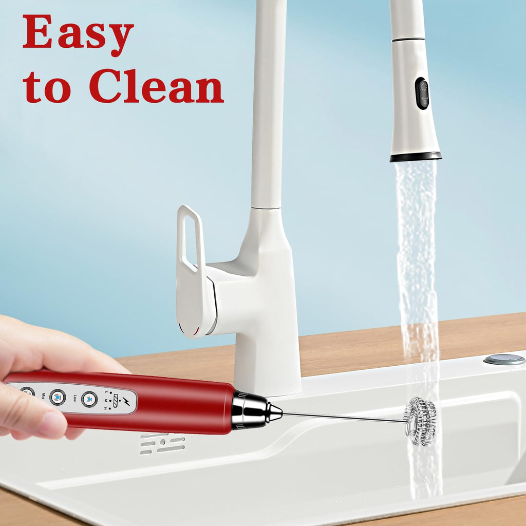 Milk Frother Handheld with Stand, Electric Whisk 3 Speed Adjustable, Drink Mixer with Stainless 3 Whisk, Rechargeable Hand Frother Wand, Foam Maker for Latte Cappuccino Hot Chocolate Egg Red