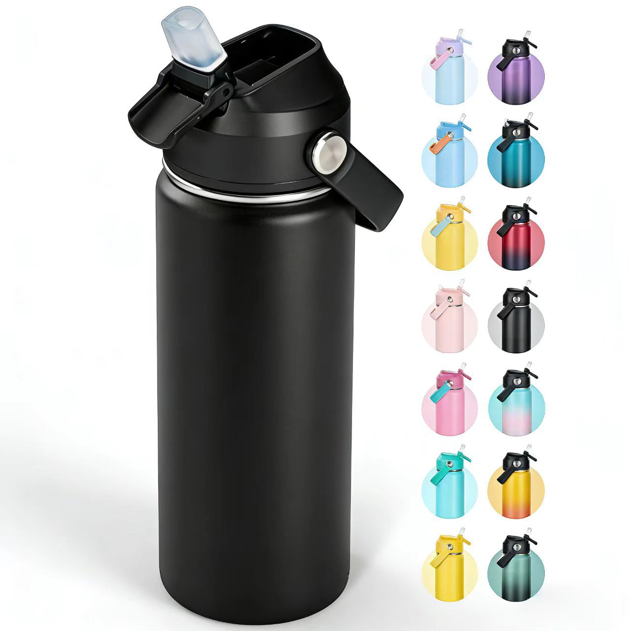 Fijinhom 32oz Insulated Stainless Steel Water Bottle, Wide Mouth Double Wall Vacuum, Silicone Straw, Sweat & Leak Proof, BPA Free Insulated Water Flask for Travel, Keep Cold 24h Hot 12h, Black
