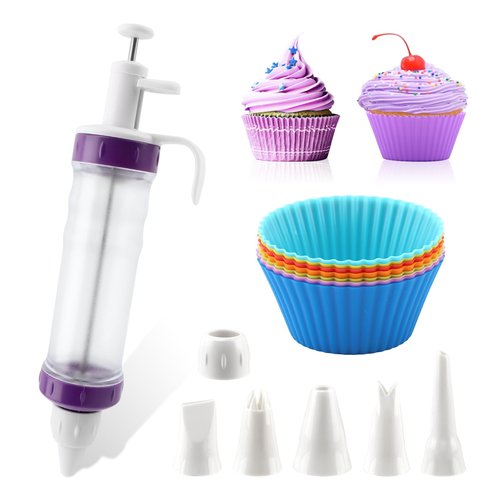 Dessert Decorating Syringed Set Icing Dispenser Tool With 5 Icing Nozzles,2 Connector Rings,8 Cake Baking Cups,Cake Decorating Gun for Frosting Cream to Make Cupcakes