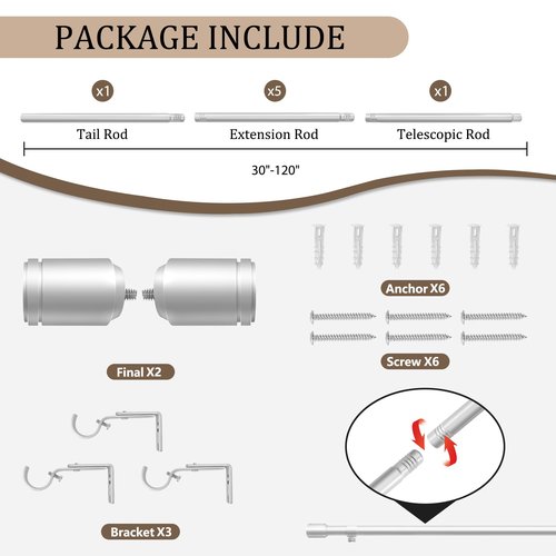 1” Diameter Silver Curtain Rods for Windows, 1 Pack 30-120 Inch Heavy Duty Window Treatment Rods, Long Adjustable Curtain Rod, Fits Most Standard Windows, Suitable for Bedroom, Living Room, Farmhouse