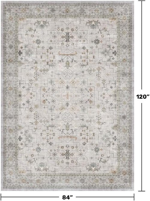 Hazo Haus Boho Living Room Rug - Light Grey Floral Design, Washable Low Pile, 7x10 Large Area Rug
