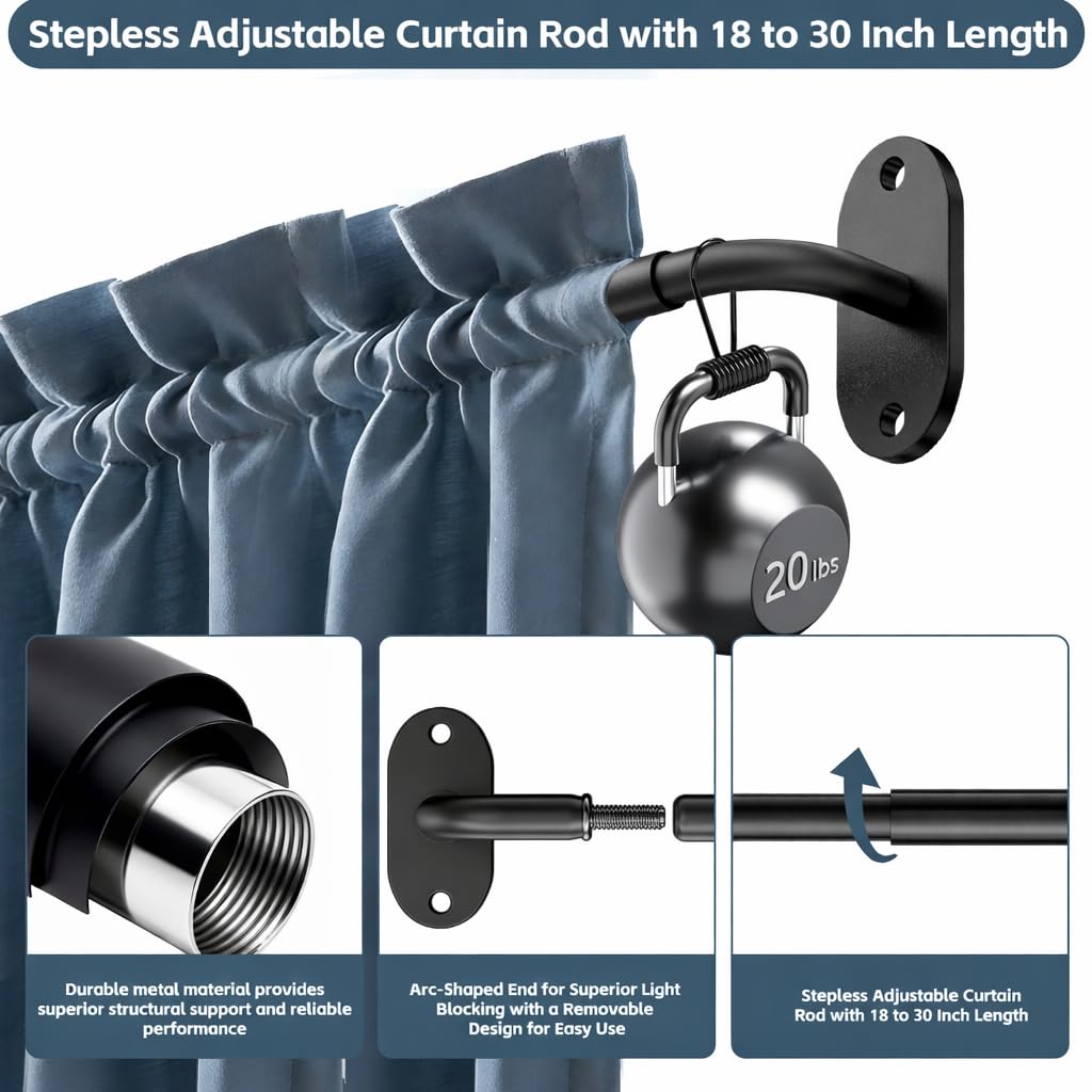 OICIPT 2 Pack French Door Curtain Rod, Screw-Mounted Sash Rods Adjustable 18–30 Inch, 1/2" Diameter Wrap Around Curtain Rods for Doors & Small Window, Black