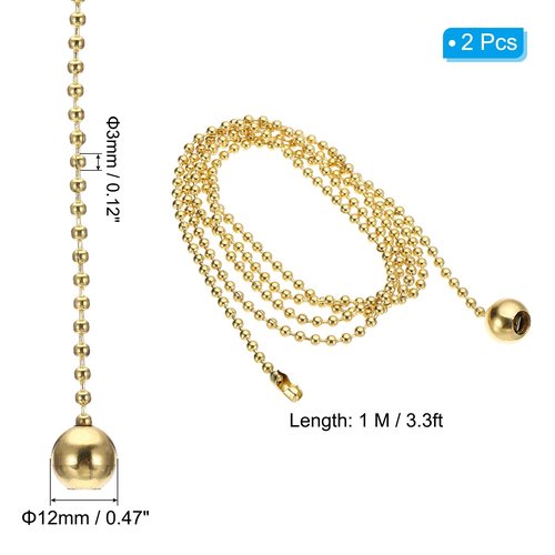 PATIKIL 1M 3.3ft Ceiling Fan Pull Chain, 2 Pcs Beaded Pulls Cord Extender Ball Pendant for Fan Light Chandelier Table Lamp Pulling Switch, Gold Tone