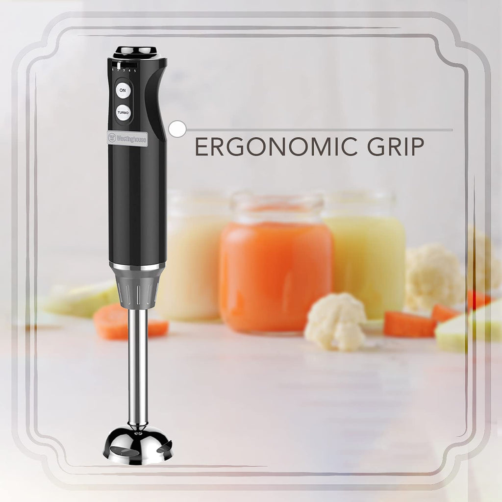 Westinghouse Hand Blender - 5-Speed Immersion Blender with Turbo Function, Stainless Steel Blades & Rod, 500W Power, Detachable Easy Clean Design, Best for Smoothies & Soups - Retro Appliance, Black