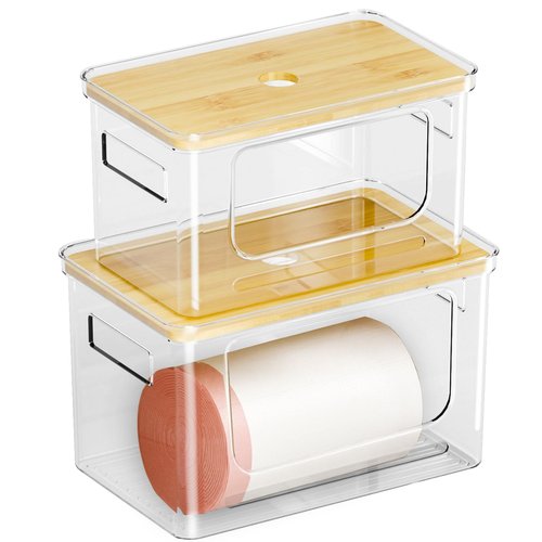 2 PACK Trash Bag Holder With Bamboo Top,Trash Bag Dispenser Roll Holder for Kitchen Pantry Cabinet Counter Under Sink Laundry Room Organizers