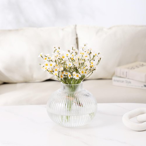 YANWE1 Round Glass Vase, Flower Vases for Bouquet, Ribbed Glass Vases for Flowers, Small Clear Vase for Living Room, Office, Coffee Table, Shelf, Wedding, 6 Inches