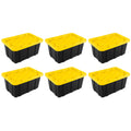 Sterilite 17 Gal Industrial Tote, Stackable Storage Bin with Snap-Fit Lid for Garage, Basement & Attic Storage, Black Base and Yellow Lily Lid, 6-Pack