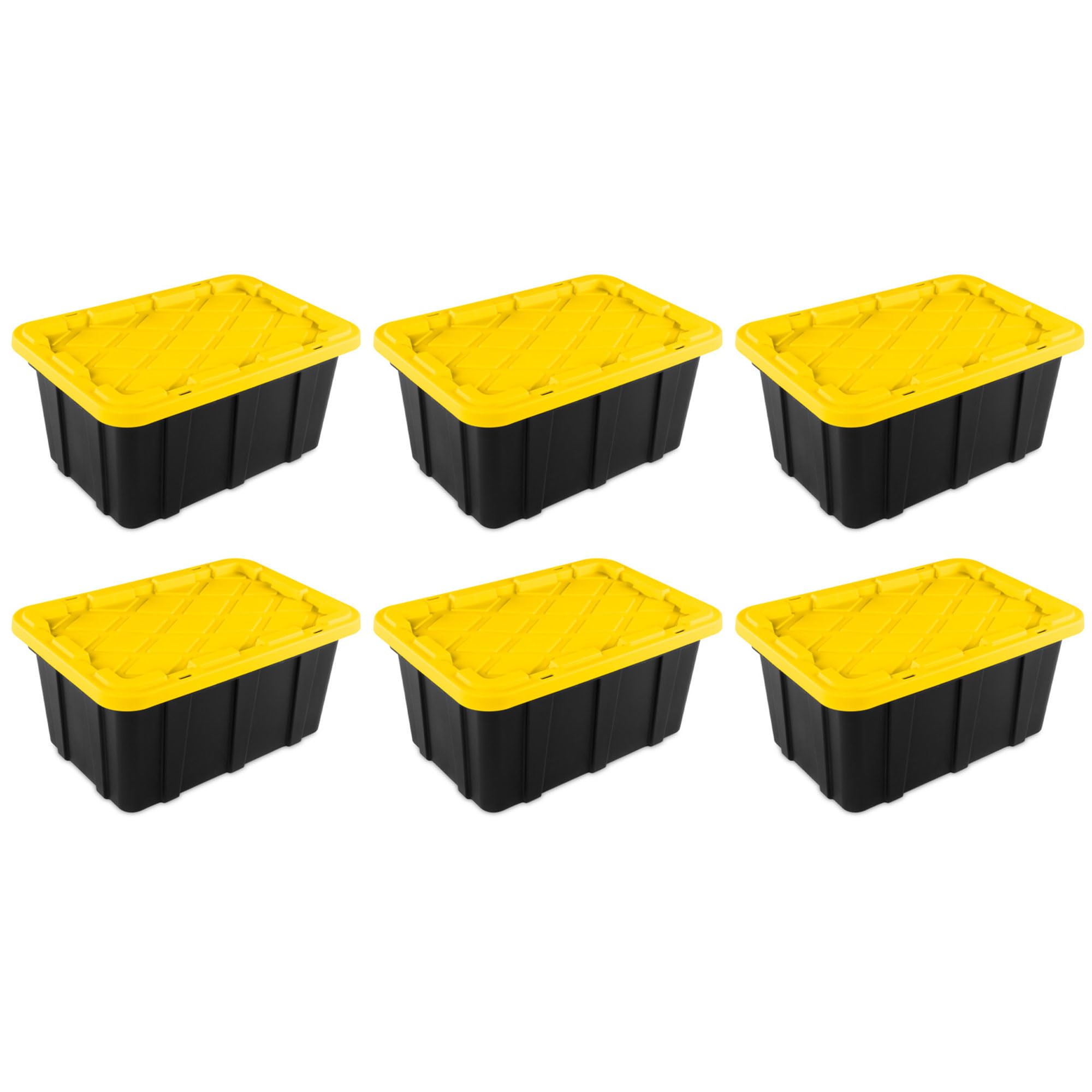 Sterilite 17 Gal Industrial Tote, Stackable Storage Bin with Snap-Fit Lid for Garage, Basement & Attic Storage, Black Base and Yellow Lily Lid, 6-Pack