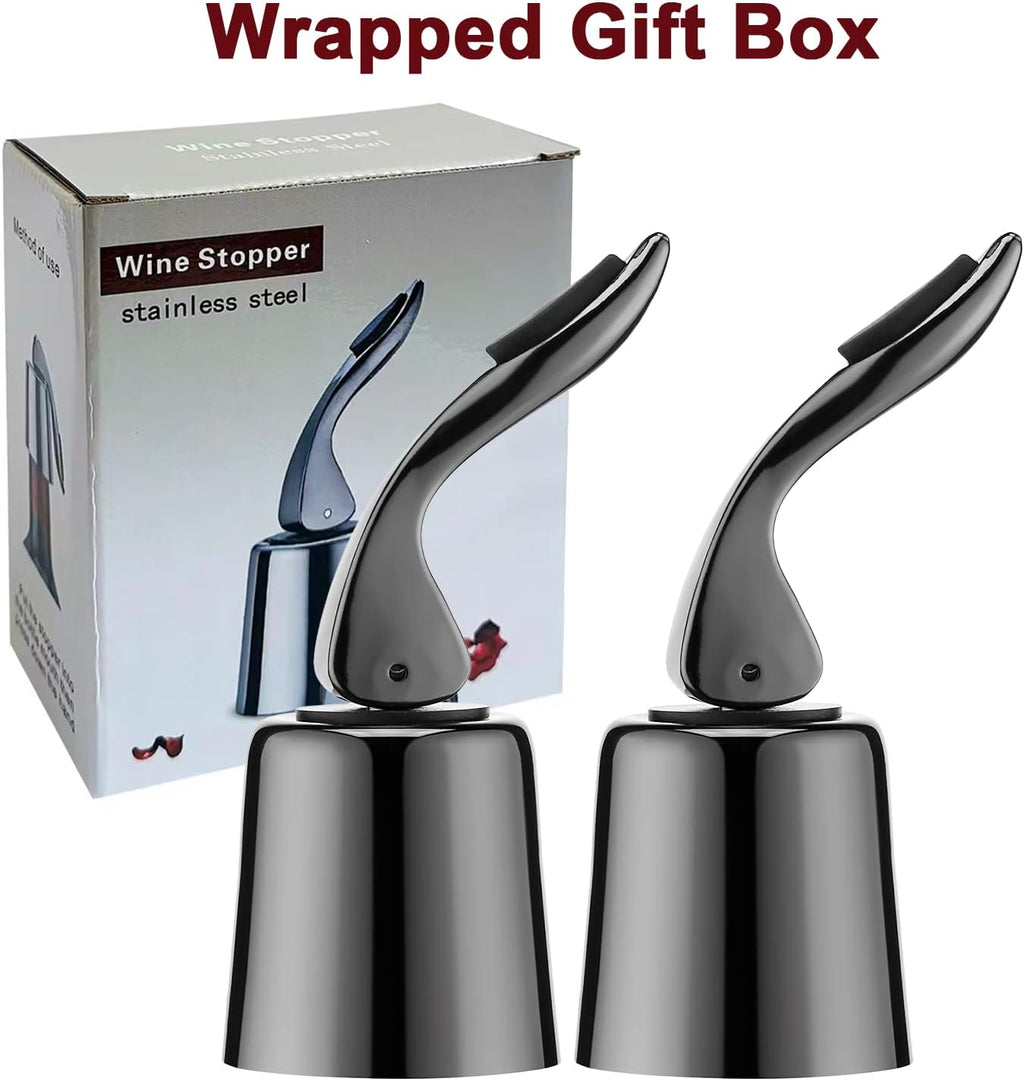Wine Stoppers for Wine Bottles with Stainless Steel Vacuum Wine Bottle Stopper with Silicone Reusable Wine Corks, Leak proof Keep Fresh Suitable for Red&White Bottle (Black, 2 Pack)